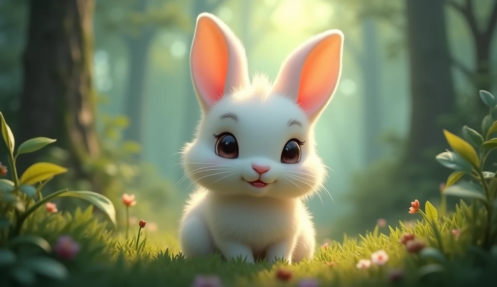 detailed white rabbit, 1 baby rabbit, cute, small, forest background, 10cm size, mythical world, (best quality,4k,8k,highres,masterpiece:1.2),ultra-detailed,(realistic,photorealistic,photo-realistic:1.37),hyper realistic, Disney