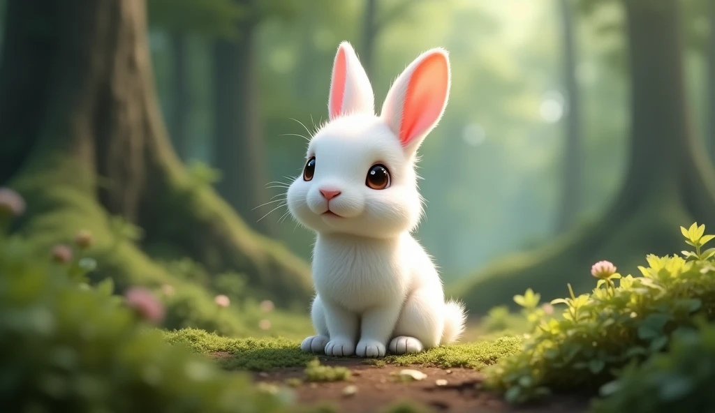 detailed white rabbit, 1 baby rabbit, cute, small, forest background, 10cm size, mythical world, (best quality,4k,8k,highres,masterpiece:1.2),ultra-detailed,(realistic,photorealistic,photo-realistic:1.37),hyper realistic, Disney