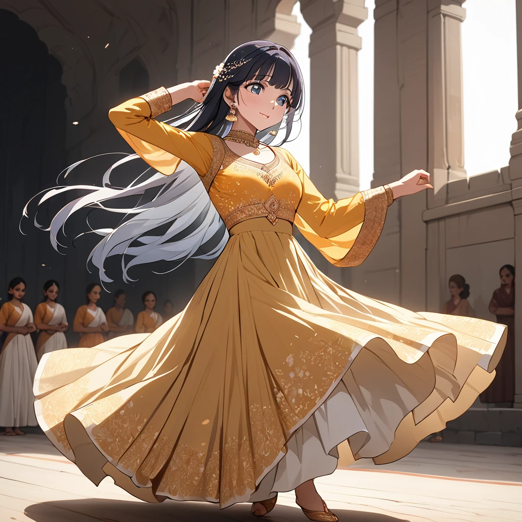 ((Highest quality)), ((masterpiece)), (detailed), (Perfect Face)、The woman is Reika Aoki with semi-long hair、A woman is dancing Kathak dance in a Kathak costume in India