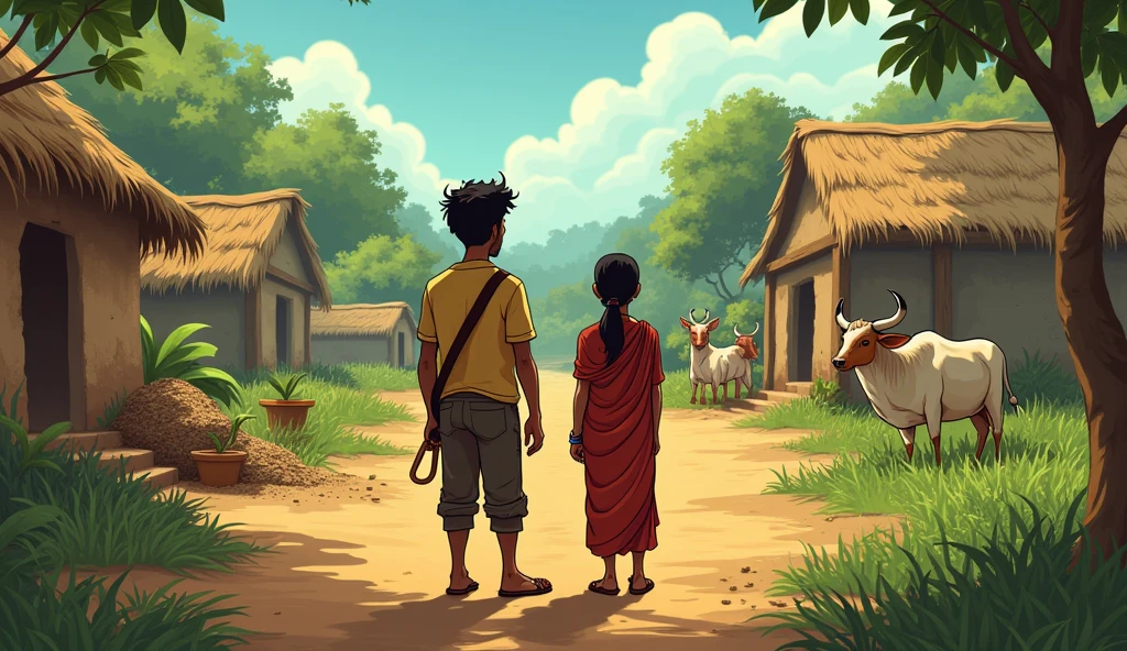 In Cinematic 2d cartoon style indian villege
"A poor farmer named Ramu 25 year man When Ramu and ramus wife looks and skucked