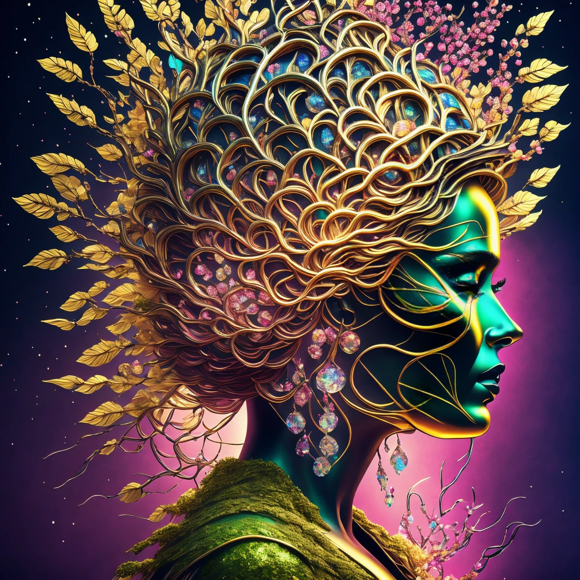 Beautiful line art photo，Use golden strokes and rainbow paint，Golden Maiden，the golden ratio，melted wax，Visible brushstrokes，surrounded by crystal spheres，3D Mosaic Wireframe，neuroimaging，neurons，the tree of life，colors，california，intense emotion，oil on canvas，thick strokes，insanely details，8k in ultra high definition，Masterpiece artwork，art stations，ultra-realistic realism，witch plant，Queen of the Vineyard，Witch of Thorns