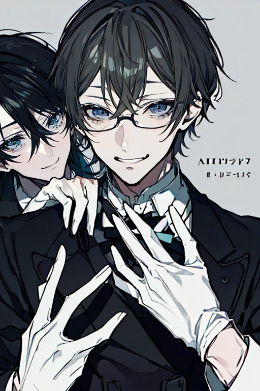 (Mastepiece)、(Best Quality)、Very detailed、((Two butlers:1.5))、Perfect Face、Beautiful Face、Very detailedな顔、(Black-haired man:1.3)、(Grey-haired man:1.3)、Black butler uniform、(glasses:1.3)、(White gloves:1.3)、Smiling face