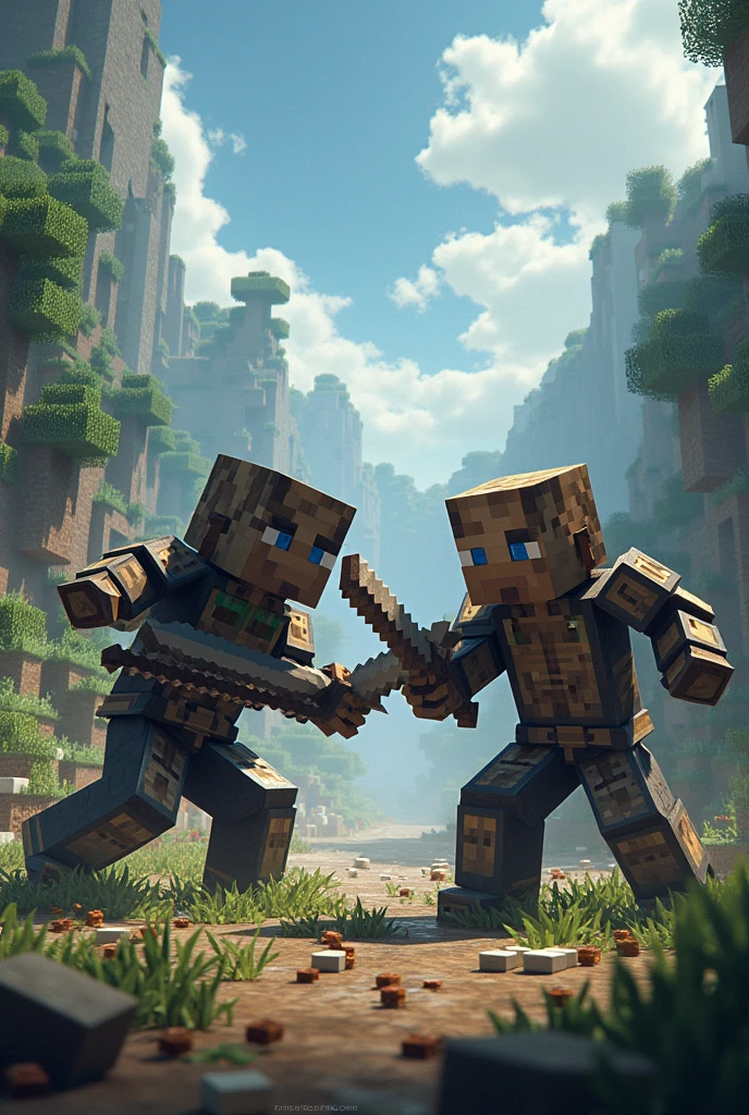 Create two minecraft characters doing pvp with a phrase on top write a phrase on top [Gladiador LyonCraft]