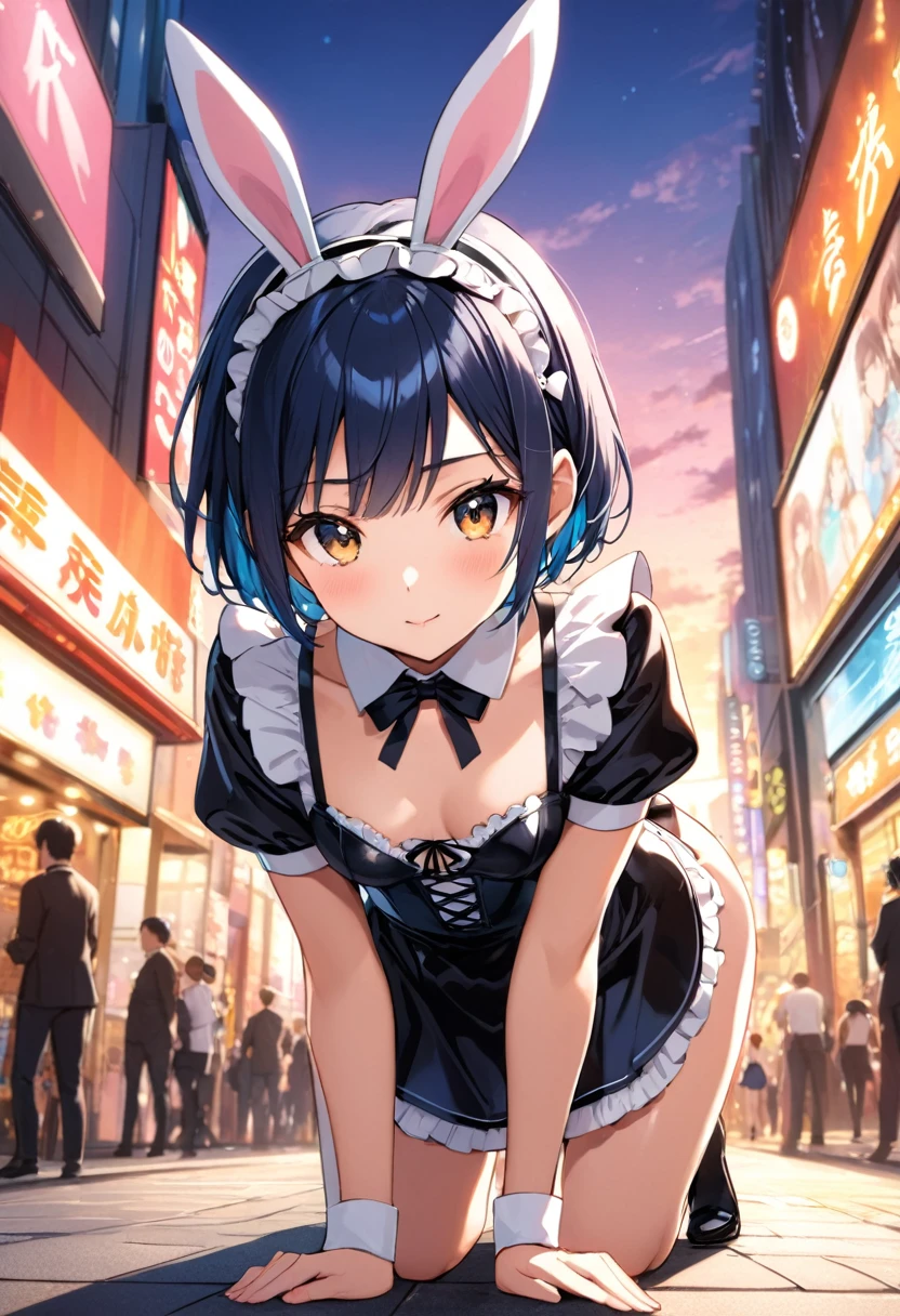 (Beautiful sunset just before the sun sets at the shinjuku) ((tween girl)) , (keeps her head low, crawls on all fours and sticks out her butt) Emphasizing her tail, open and sexy A sexy expression, emphasizing the cleavage, (wearing a shiny maid costume and bunny hairband), many sexy poses, (the background is Shinjuku at night), BREAK (girl,tween,detailed face,(darkblue hair,wavy-short hair),eyebrows,small breasts),