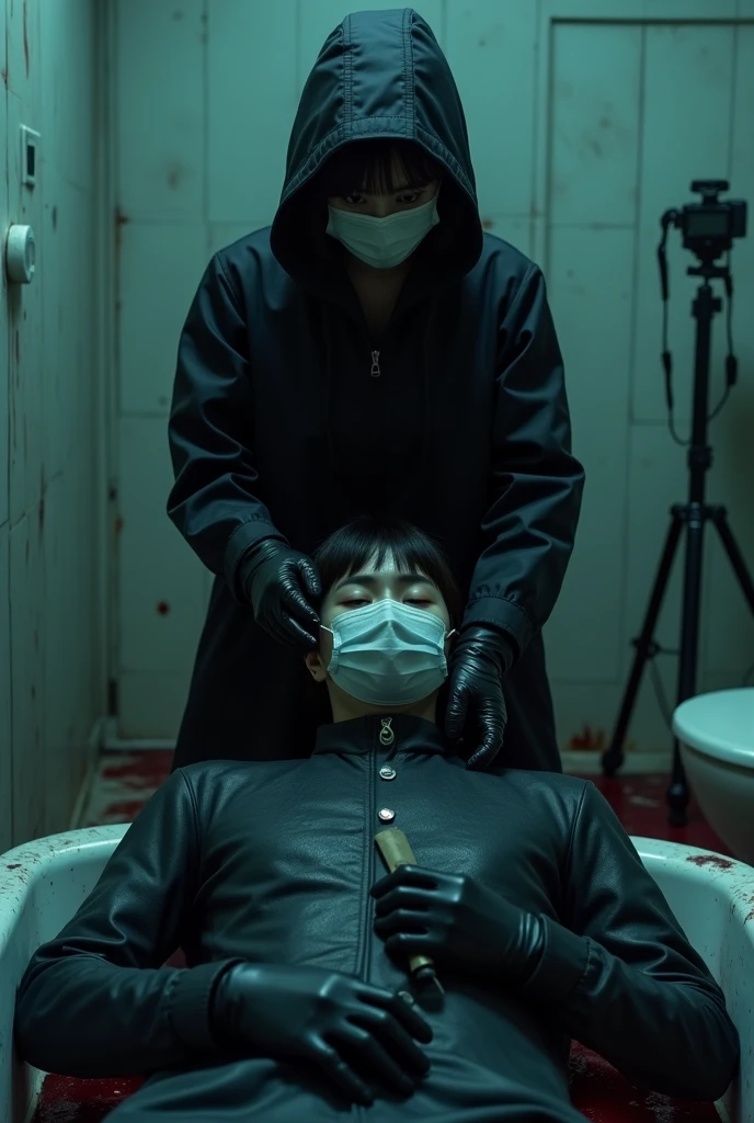 korean girl, (behind stiff, holding knife), surgical mask, black leather gloves, bath room, black raincoat, hood up, holding knife, leather gloves, woman on top, behind cadaver, looking at viewer, blood splatter, night, mass murderer, killer, short hair, blood splatter, dark atmosphere, cinematic lighting, atmospheric realistic, neon lighting, tripod and camera in the back, shooting with camera