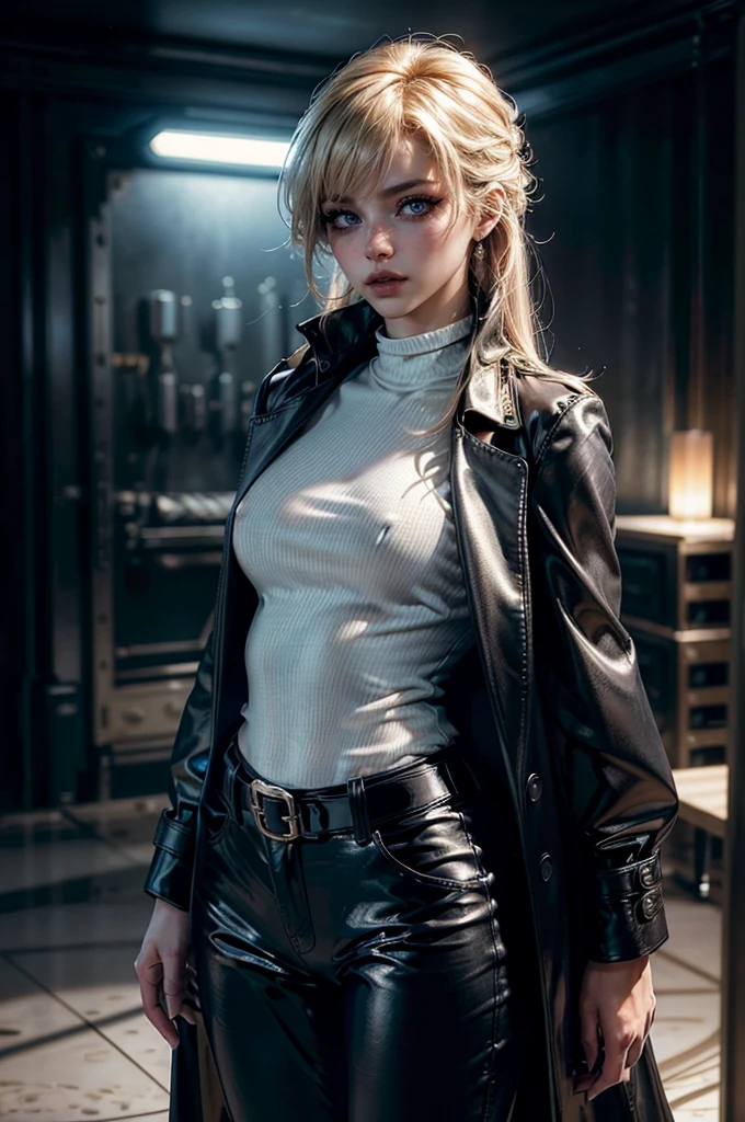 cowboy shot,a pretty 2 girl,blond hair,blue eyes,lora_Emma,slim athletic body,tight and stretched white blouse with buttons,button gap,short sleeves,ultra low rise black shiny latex pants,(double metal belt),empty studiobackground,((black coat on shoulders)),(best quality,4k,8k,highres,masterpiece:1.2),ultra-detailed,(realistic,photorealistic,photo-realistic:1.37),dramatic lighting,cinematic,fashion photography,studio lighting,high contrast,vivid colors,beautiful detailed eyes,beautiful detailed lips,extremely detailed eyes and face,long eyelashes, touching hair