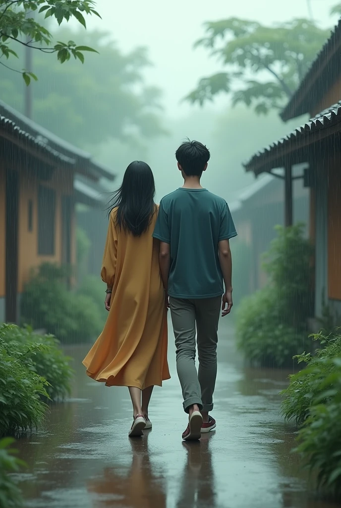 Young village couple age 24 and 20 yearsin rain
Walking one following back of another