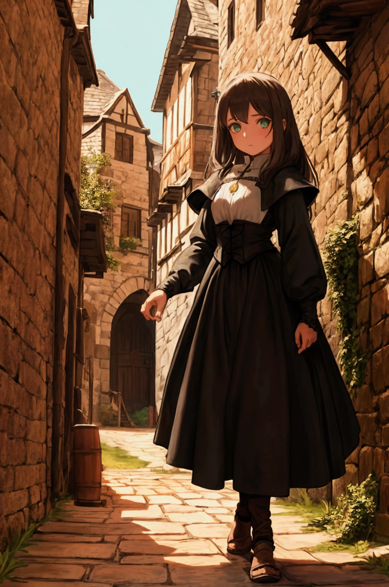 A young girl from the medieval era, period clothing, green eyes, quality film walking down a cobblestone street between stone houses, being much taller than the houses and therefore stepping on them. scared and illuminated by the afternoon sun.