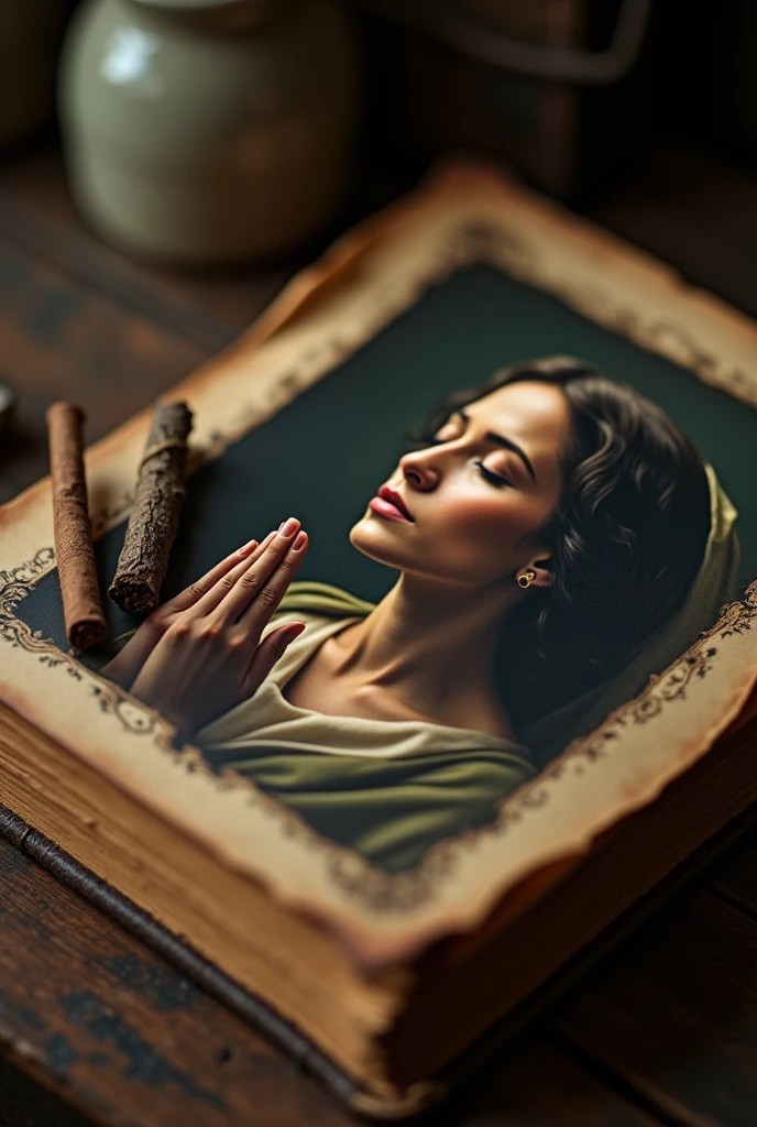 a close up of a book with a picture of a woman, praying with tobacco, fotografia, beautiful image, manual, caroline gariba, by Ignacio Bazan-Lazcano, by Giorgio Cavallon, by Bernardo Cavallino, by Dionisio Baixeras Verdaguer, stunning image, by Elias Ravanetti, daniel mirante