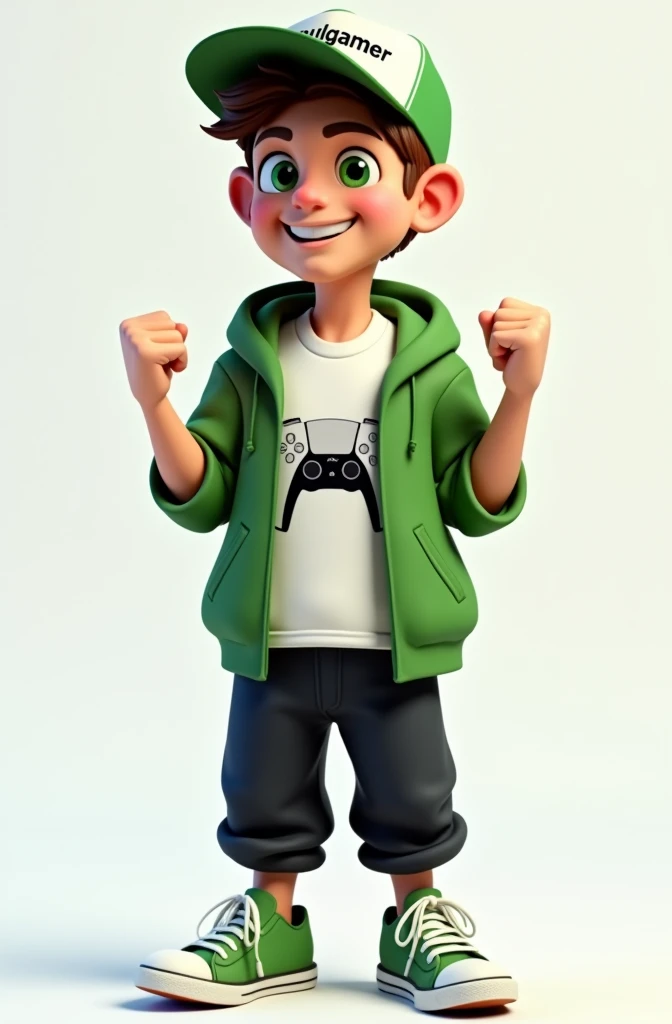 Create a 3D male influencer character of approximately youthful age and appearance . He is tall. His facial expression is friendly and smiling., with big green eyes that convey a sense of curiosity and joy. your hair is short, brown in color and slightly disheveled, visible under the CAP. His cap is green and has the word "Soulgamer" printed on the front. He wears a white T-shirt with a PS5 controller image printed on it.. He wears a green hooded jacket over a white t-shirt and matching cap.. He wears loose black pants that fit comfortably over green sneakers that match his jacket and cap., with white shoelaces tied tightly. He is standing with the fist of one of his hands clenched while the fist of his other hand is raised as if in celebration.. 