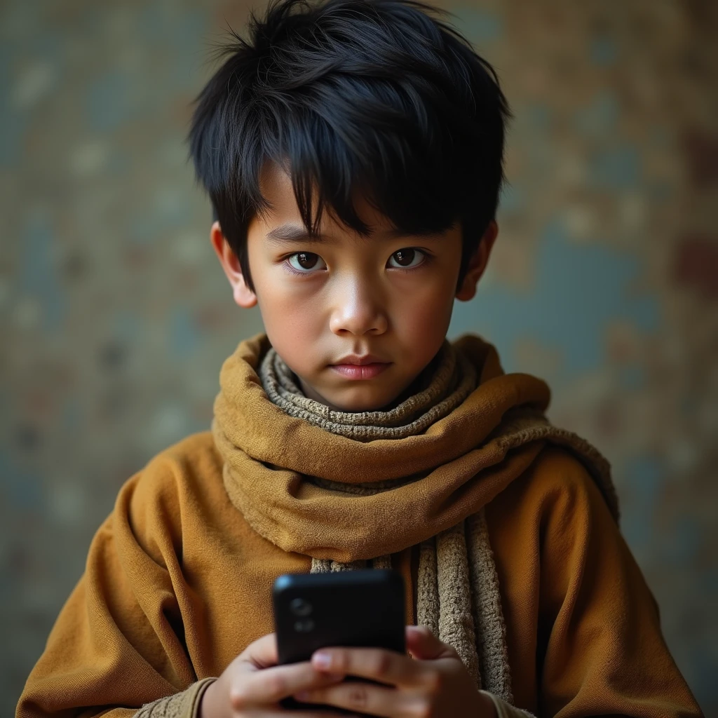 Generate a powerful ultra-realistic, high-quality and professional-looking boy wearing a brown cloth, holding iPhone in his hand