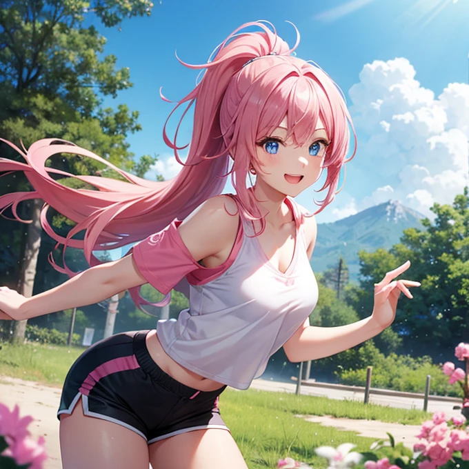 Pink Hair, Long Ponytail,Summer Forest, A big smile, Shorts, 1 person, Light blue eyes, Slightly enlarged chest, Top Idol, Tempered body, Dynamic pose