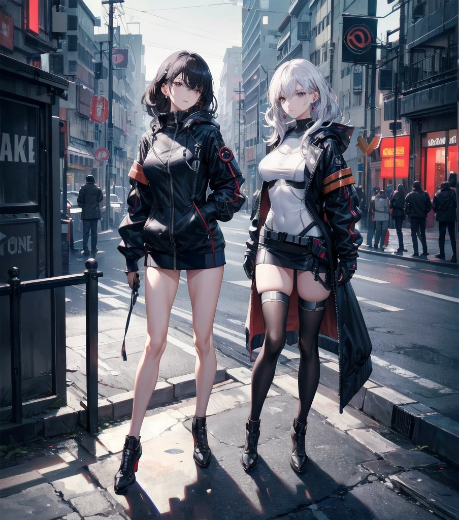 absurdres, RAW photo, extremely delicate and beautiful, masterpiece, Highest Quality, ultra high resolution, 32k, hyperrealistic, realistic, photorealistic, photo-realistic, Real, ultra-detailed, Very detailed CG 8k wallpaper, detailed background, landscape, Beautiful Lighting, Perfect Lightning, Realistic Shadows, perfect anatomy, anatomically correct, ideal ratio body proportions, perfect figure, Perfect Style, Perfect balance, super Detailed skin, in her 30s, very Slim body, narrow waist, very small head, very small face, delicate facial features, handsome detailed woman, very detailed eyes and face, realistic face proportions, Realistic beautiful face, Realistic beautiful eyes, tearful mole, earring, full body shot, whole body shot, very huge round tits, medium hair, asymmetrical hair, wavy hair, legs, thighs, knees, Tech jacket, cyberpunk, tech mask, tech accessories, Background with cold neon lights and black,