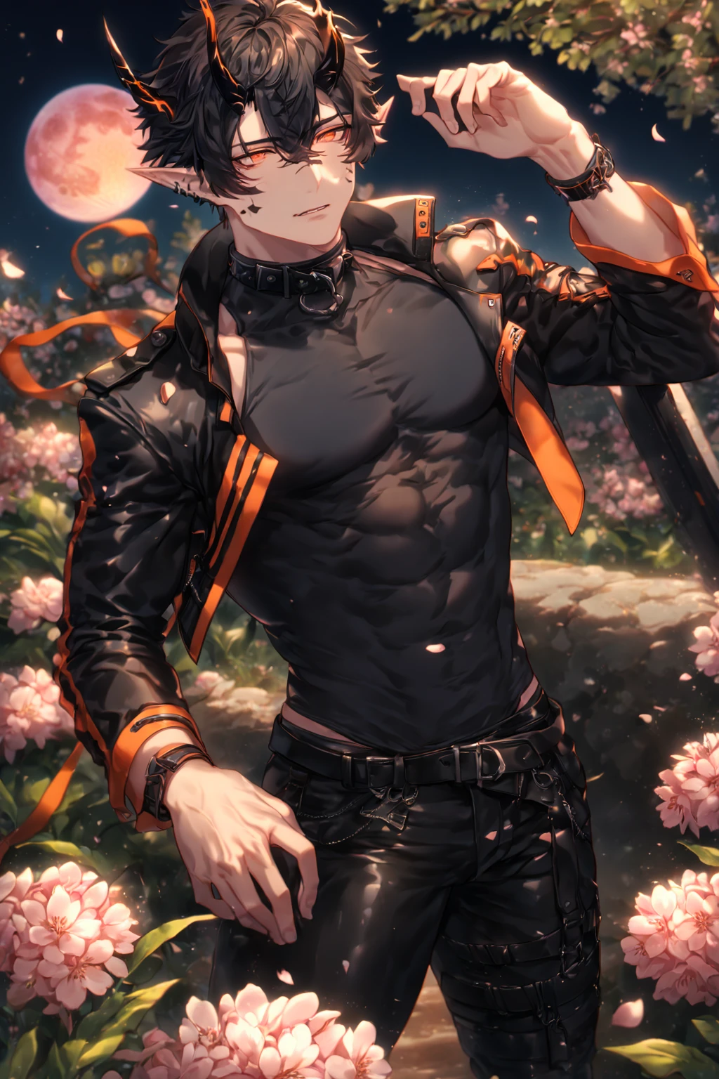 absurdres, highres, ultra detailed, HDR) master piece, best quality, extremely detailed, detailed face, detailed eyes, delicated features, Flamebringer, black hair, expressive orange eyes, Arknights, solo, sexy man, handsome, toned, sensual, black horns, slightly pointed ears, black marks on the face, cropped leather jacket with orange patterns, tight turtleneck shirt, collar, black leather pants, cherry blossoms, garden, pink flowers, fantasy, magical, pink moon, blue sky