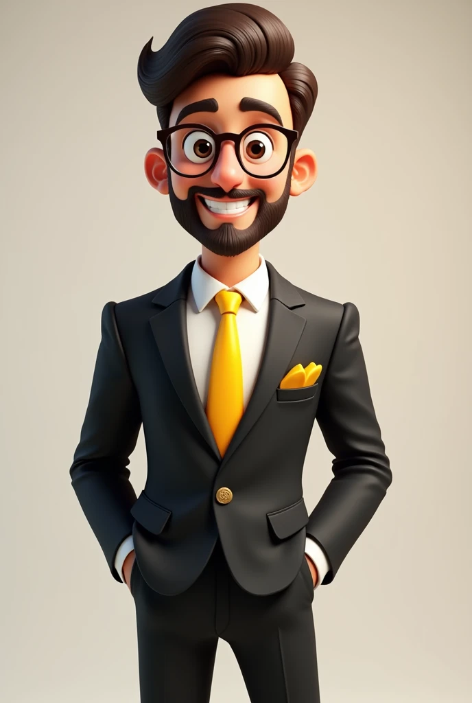 A full body 3D cartoon character. He has a friendly and charismatic appearance. The character is a young man with fair skin, a beard and dark brown hair combed up, thick eyebrows, large brown eyes and wears glasses. He is smiling confidently. The character is dressed formally, wearing a black suit, white shirt and yellow tie. In his jacket pocket there is a yellow handkerchief, matching his tie. He has both hands in his pockets and his relaxed posture suggests confidence and ease. The background of the image is neutral, which highlights the character even more.