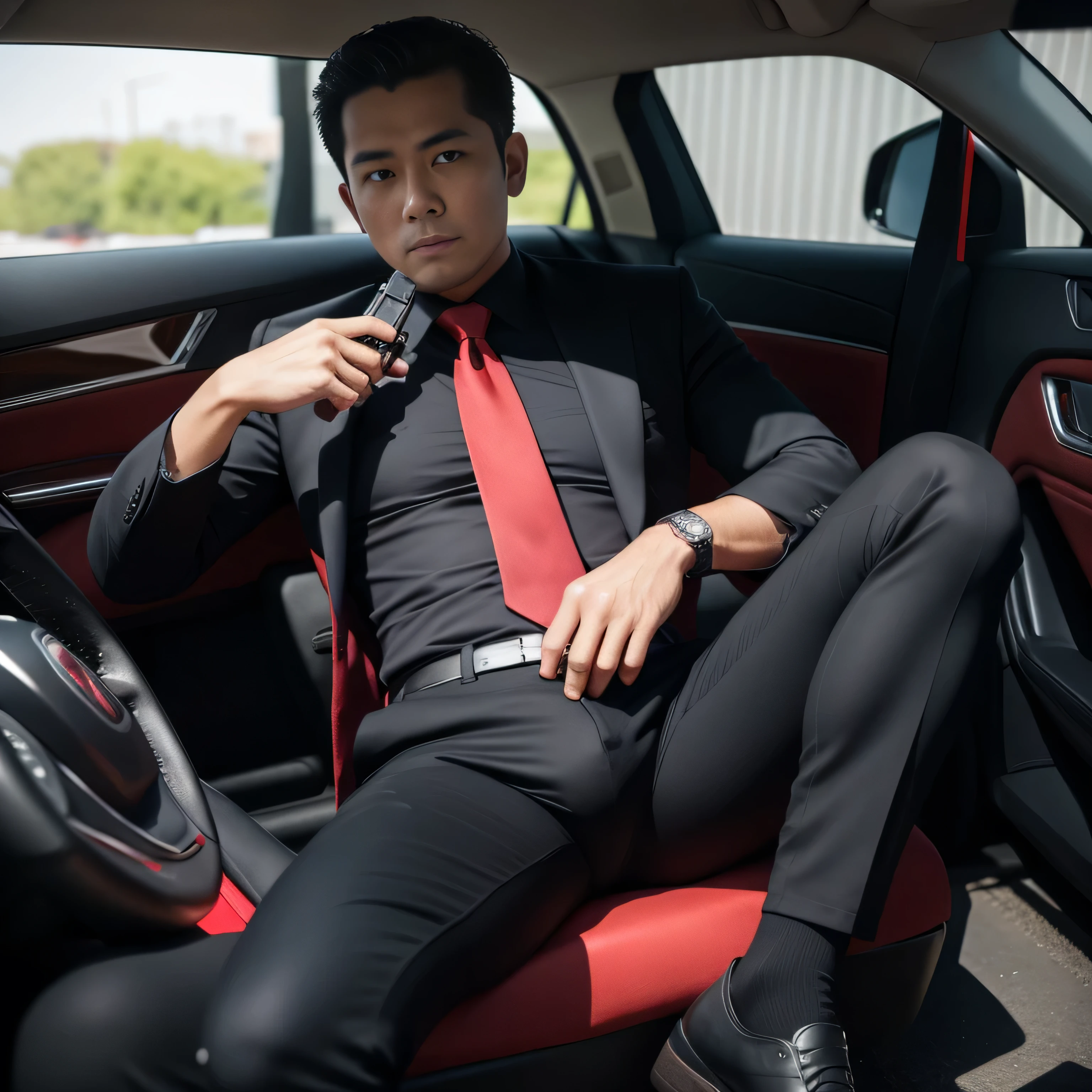 40 years old,One Man,Black Shirt、Red tie、Black slim pants、,Morning parking lot、mafia、Sitting with legs wide open、Hold a gun,logic,Gay ,short punch perm、,Stubble,Asian Faces,Handsome Dad,Bulging in the crotch area of pants