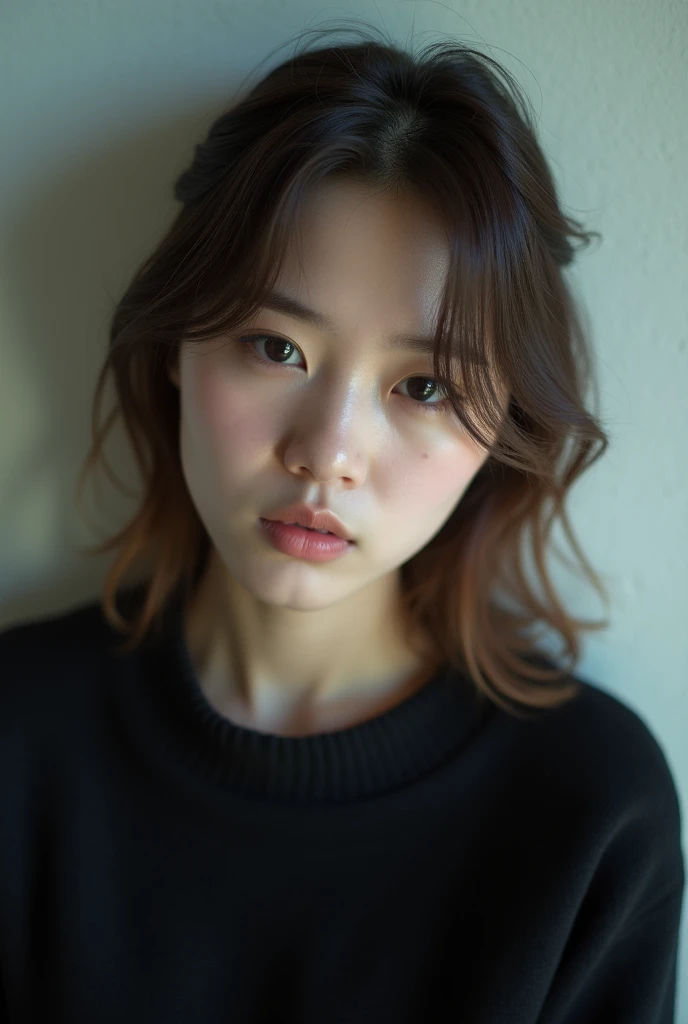 A photo of a young beautiful japanese woman with a sad, contemplative expression, leaning against a light-colored wall. Her eyes are downcast, and her lips form a slight frown, conveying a sense of melancholy and introspection. Her light brown hair falls softly around her face, framing her somber expression. She wears a simple black sweater, and the soft lighting enhances the emotional depth of her face, highlighting the subtle tension in her features. The atmosphere is quiet and reflective, as if she is lost in thought or dealing with deep emotions