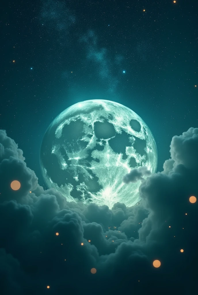 The moon is surrounded by many, many glowing stars. The starry sky is twinkling and light trails are even brighter. Surreal scene. Beautiful and amazing composition. Subtle shadows and highlights. Deep blue, light blue and green tones. More color gradations. Full of mystery. Vibrant Tones Action Painting Highly Detailed HD Cinematic Close-Up Magical Fantasy Gorgeous Digital Art