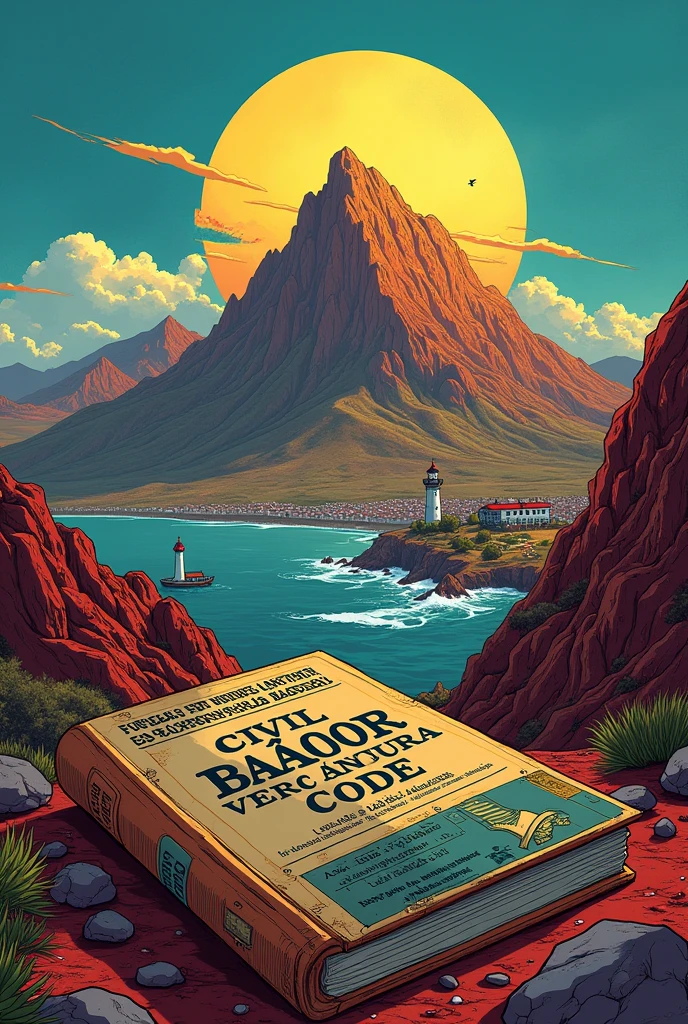 As a comic book cover that has the Sajama hill of Bolivia and the Conchupata lighthouse of the city of Oruro with the image of the work El Bañor Verdadero in the background, there is also a book on one side and on its cover these words are written: civil procedural code . well detailed with lyrics in Spanish