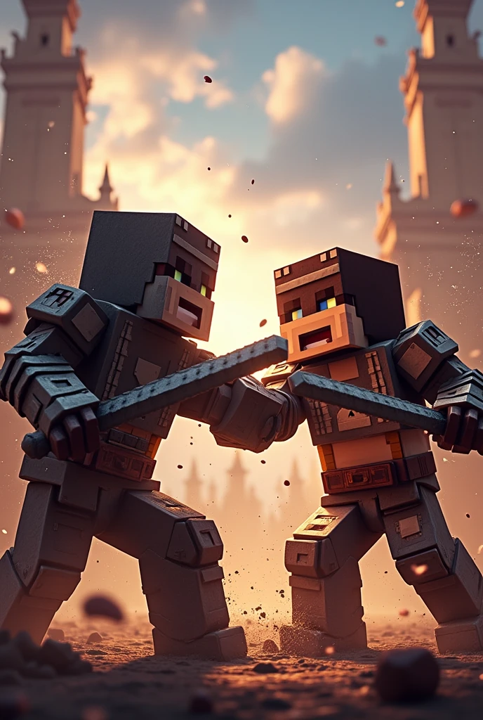 Create two minecraft characters doing pvp with a phrase on top write a phrase on top [Gladiador LyonCraft] write in 3D