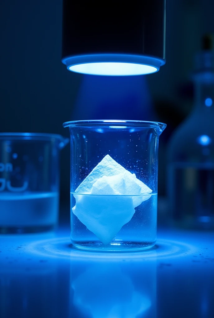A piece of white cotton cloth about 2 cm * 2 cm is soak n silver nitrate solution(in beaker science) with a UV lamp on top.