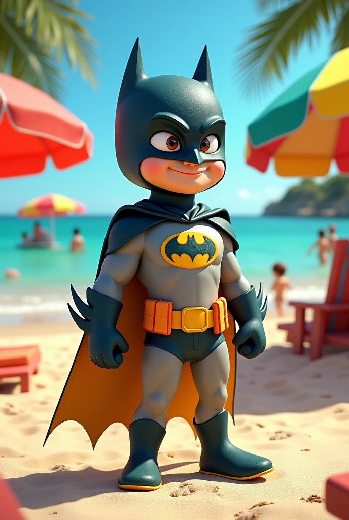 Batman wearing batman beaches costume, at a beach resort. Disney pixar 3D