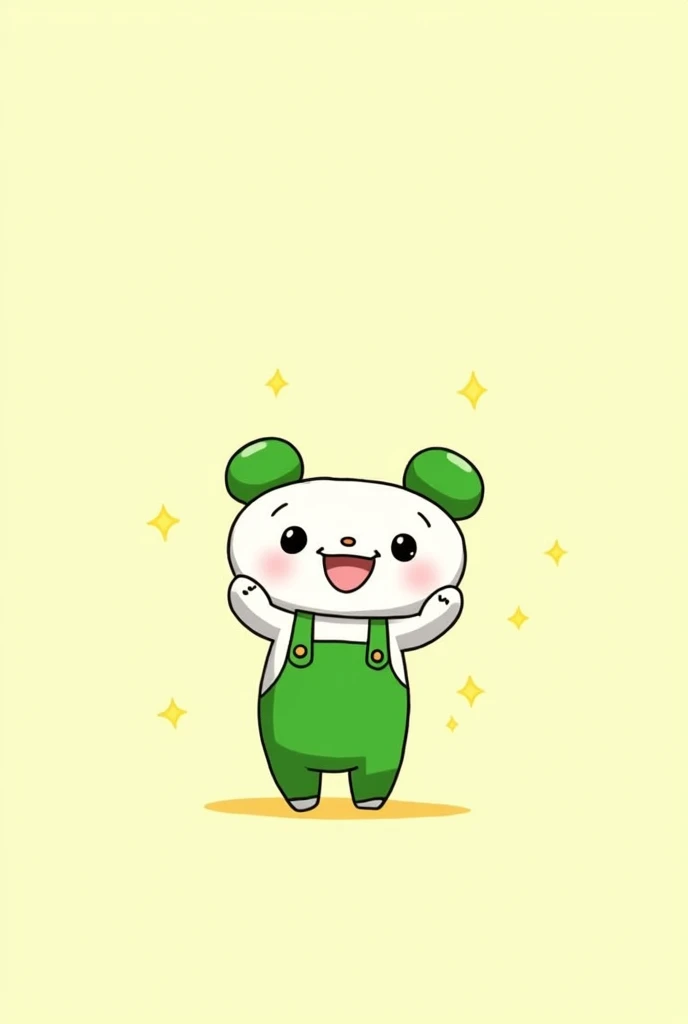 「Two-headed Zundamon anime character。A big round head with a green bun-like hairstyle。With a bright and cheerful smile、Wearing green overalls。In a waving pose、The background is simple in color」