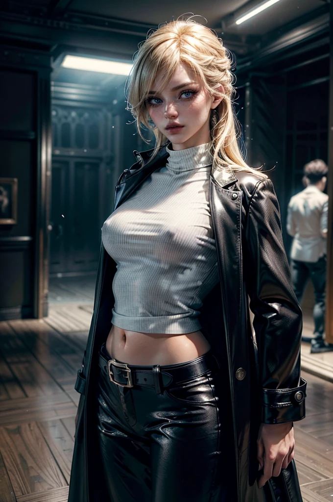 cowboy shot,a pretty 2 girl,blond hair,blue eyes,lora_Emma,slim athletic body,tight and stretched white blouse with buttons,button gap,short sleeves,ultra low rise black shiny latex pants,(double metal belt),empty studiobackground,((black coat on shoulders)),(best quality,4k,8k,highres,masterpiece:1.2),ultra-detailed,(realistic,photorealistic,photo-realistic:1.37),dramatic lighting,cinematic,fashion photography,studio lighting,high contrast,vivid colors,beautiful detailed eyes,beautiful detailed lips,extremely detailed eyes and face,long eyelashes, touching hair
