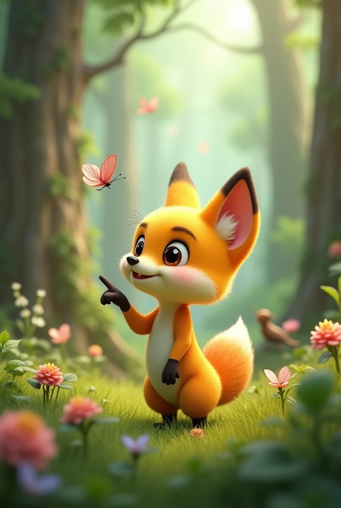 In Cinematic 3d cartoon style"creat a small size claver fox(fox colour yellow mixed up with pink colour),fox in the middle of the forest,one foot of fox pointing the butterfly,in the background few butterfly flying,in the background a bird sitting on a branch of tree, size of fox is very small.