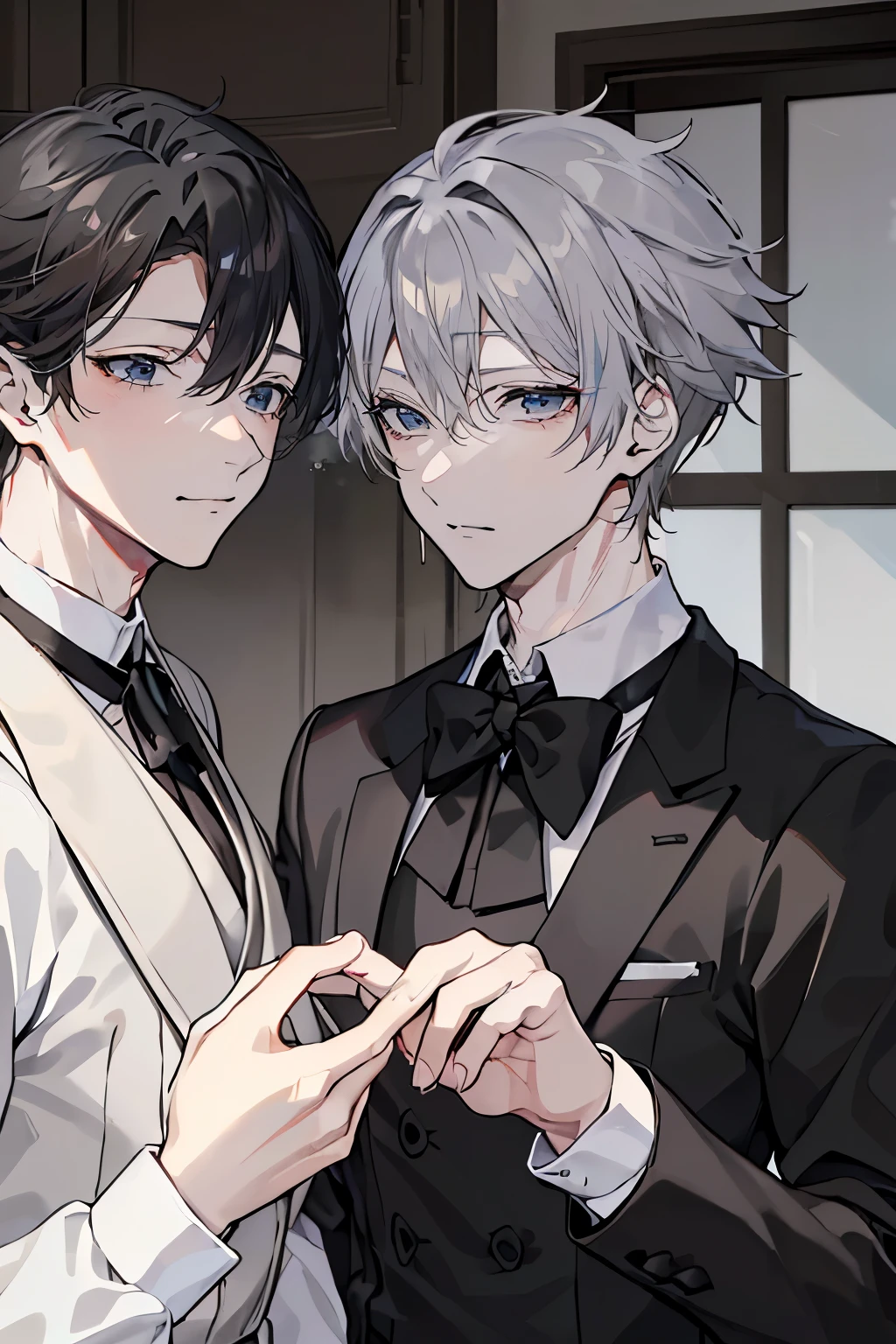 (Mastepiece)、(Best Quality)、Very detailed、((Two butlers:1.5))、Perfect Face、Beautiful Face、Very detailedな顔、(Black-haired man:1.3)、(Grey-haired man:1.3)、Deacon&#39;s uniform、(glasses:1.3)、(White gloves:1.3)、Smiling face