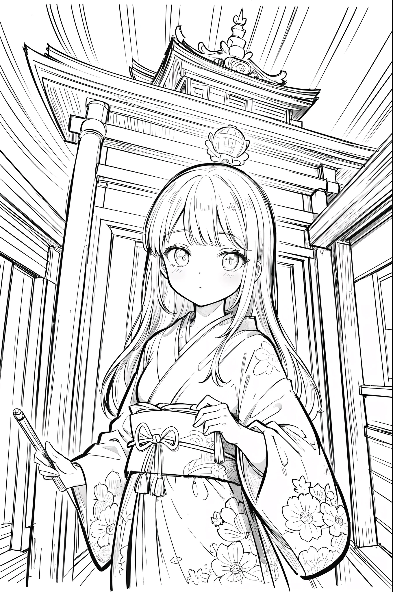 (high contrast, sketch, monochrome, clean line drawings for coloring book:1.3), Depicting a realistic and cute ukiyo-e illustration of a woman in a kimono that conveys Japanese culture. The illustration is a illustration with detailed facial features and cartoon-style visuals, The main hall of the temple can be seen in the background.