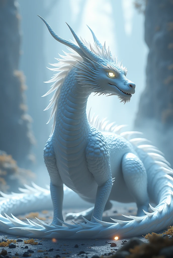 Heavenly-looking white eastern dragon, It has no wings, His look is aggressive, His eyes are white and bright, Digital illustration of video game characters