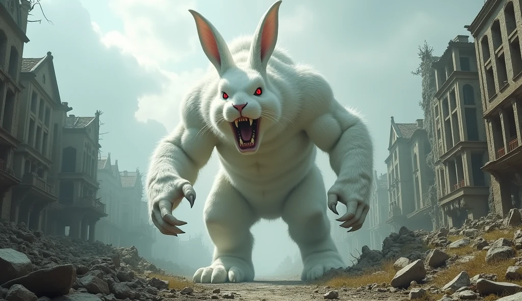 a massive white rabbit, 4 meters tall, in an aggressive pose, in the ruins of a village, in a mythological world, (best quality,4k,8k,highres,masterpiece:1.2),ultra-detailed,(realistic,photorealistic,photo-realistic:1.37),monster,extremely frightening,hyper realistic