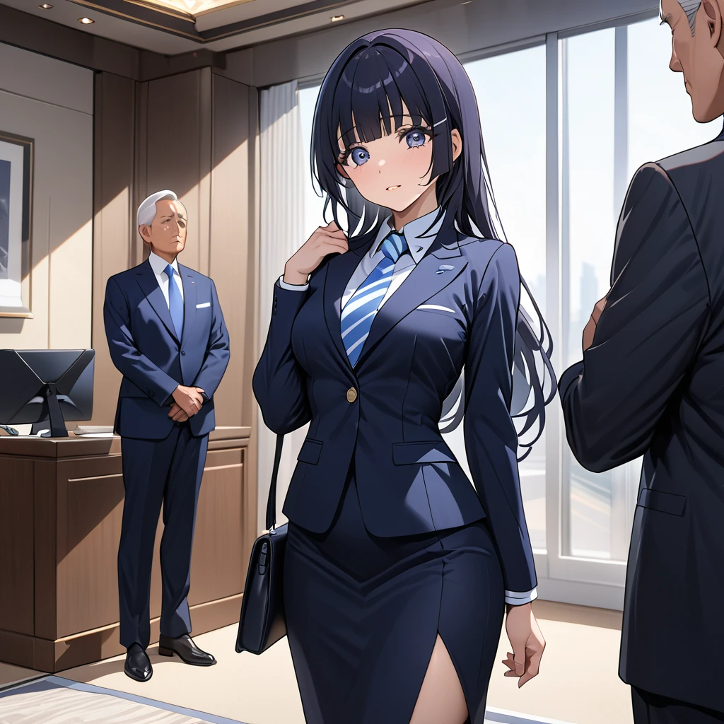 ((Highest quality)), ((masterpiece)), (detailed), (Perfect Face)、The woman is Reika Aoki with semi-long hair、The woman is a secretary to the president of a large company, wearing a high-end suit and a high-end long tight skirt, and is standing close to the president.