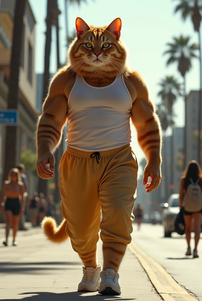 Los Angeles streets are abuzz with the legendary – a majestic, 7-foot tall cat, eight-pack physique, clad in a tiny tank top and sweatpants. As it strides down the sidewalk, its golden fur glistens in the sunlight, striking awe in the hearts of all who behold it. With each step, the unwavering confidence, inspiring whispers of admiration and reverence. Its heroic aura is undeniable, cementing its status as a beloved feline icon.