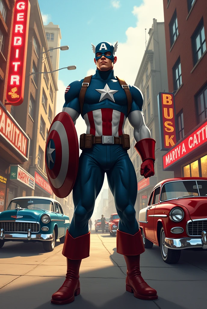 Captain America in year 1950, standing in the year 1950 street