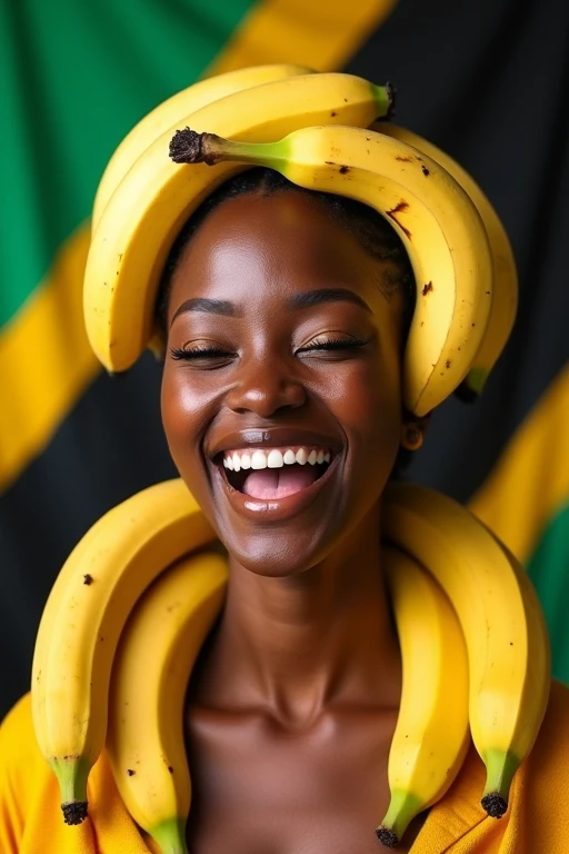 Clothed 30&#39;s、One incredibly beautiful Tanzanian woman。Dressed in traditional American clothing。Facing forward、Open your mouth wide、With your right hand、She looks delicious eating the banana she is holding.、I bite into it with the skin on.。The expression is、Ecstatic expression、I feel a strong sense of ecstasy。With a smile、Both eyes are open。The head is peeled、Covered with several real bananas。頭とその周辺にBananaたくさんある。There are bananas all around。Banana、There&#39;s just so much。The skin is、Hidden by clothes、Light clothing。There are bananas all around。Covered in bananas。Fully clothed。No tattoos。The background is the color of the Tanzanian flag.。9:16 sizes。Highest quality、A masterpiece。