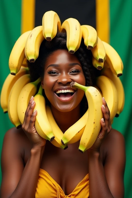 Clothed 30&#39;s、One incredibly beautiful Tanzanian woman。Dressed in traditional American clothing。Facing forward、Open your mouth wide、With your right hand、She looks delicious eating the banana she is holding.、I bite into it with the skin on.。The expression is、Ecstatic expression、I feel a strong sense of ecstasy。With a smile、Both eyes are open。The head is peeled、Covered with several real bananas。頭とその周辺にBananaたくさんある。There are bananas all around。Banana、There&#39;s just so much。The skin is、Hidden by clothes、Light clothing。There are bananas all around。Covered in bananas。Fully clothed。No tattoos。The background is the color of the Tanzanian flag.。9:16 sizes。Highest quality、A masterpiece。