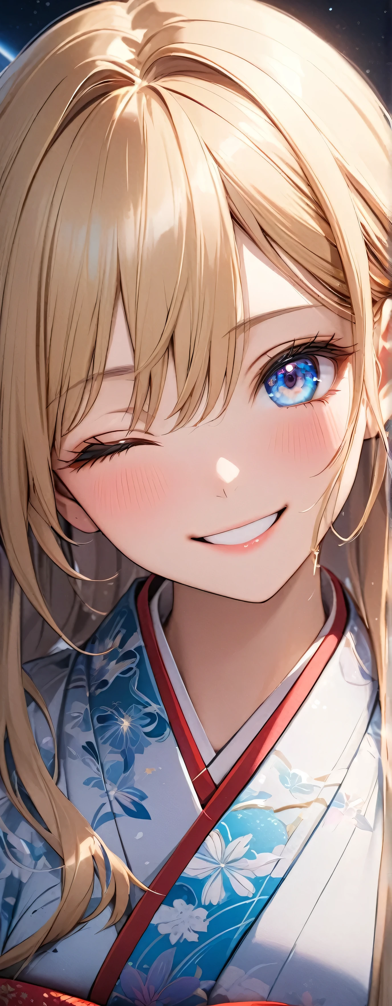 (beautiful girl: 1.3),1girl,masterpiece, Highest quality, Ultra-high resolution,Rich contrast,super high quality,8k,Highly detailed CG unit wallpaper,texture,Unbelievably absurd,Ultra-high resolution,RAW Photos,Depth of Field 1.2,(Beautiful and detailed kimono),smile,Light blue eyes,Very fine eye,bigeyes,Droopy eyes,White skin,blonde,Long Hair,moon between the clouds,stardust,,mystic glow,phantom moon,(Eyes closed:1.3),incoming kiss,blush,Sweat,(shoot from front,close up,extreme),cowboy shot,from above