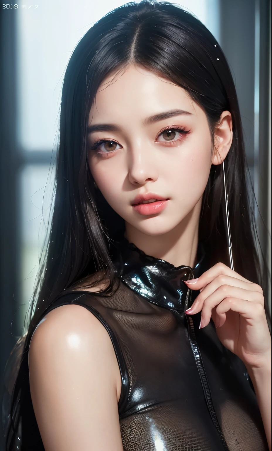(8k, RAW photos, realistic: 1.25), (lip gloss, Eyelashes, luminous face, glowing skin, best quality, ultra high resolution, depth of field, chromatic aberration, falsetto, Various lighting, natural shading, kpop idol) She looks at the viewer with a calm and goddess-like happy expression.,