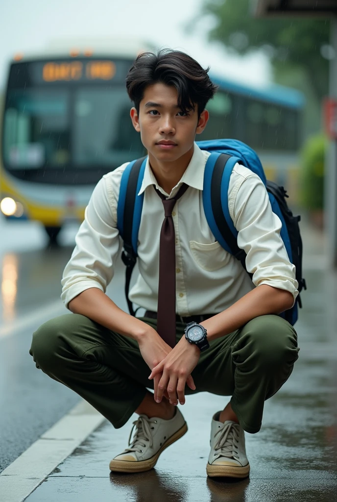 Malaysia man average 1. Teenage man , wear white collar clothes. Black belt. Dark green long pants. Back pack bag body glove blue light ,dirty white converse shoes. Sitting on the bus stops. Figure four lock. Wear g shocked watch. Raining day. Wet road. Background bus coming. Dark brown long tie.