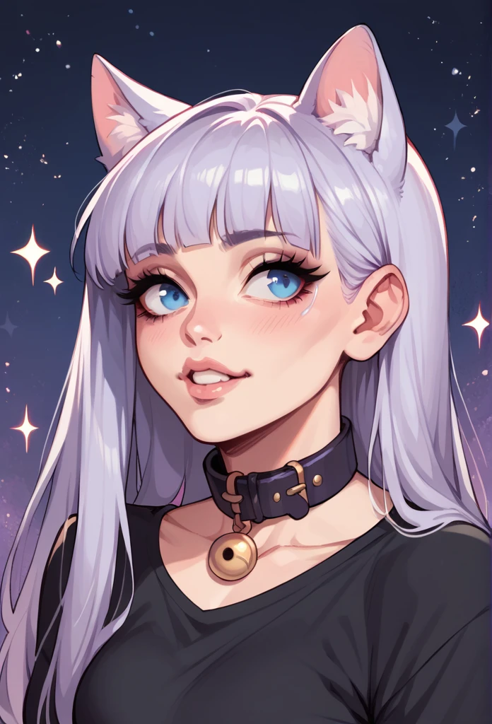 1girl, cat ears, long hair, bangs, light purple hair, gorgeous blue eyes, eyeliner, long lashes, collar, breasts, starry background, soft smile