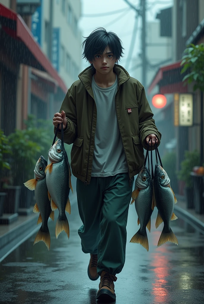 a young man walking with fish in the street, raining, pet, detailed eyes, detailed facial features, dynamic pose, photorealistic, 8k, highres, dramatic lighting, moody atmosphere, muted color palette, rainy city street, realistic textures, intricate details, masterpiece, anime style