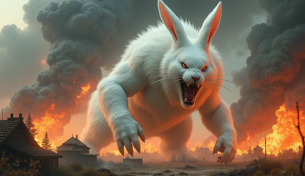 a large ferocious white rabbit,monster,burning village background,10m tall,mythological world,highly detailed,8k,photorealistic,hyper realistic