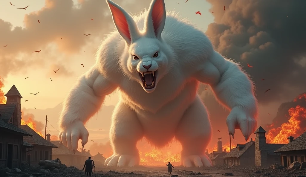 a large ferocious white rabbit,monster,burning village background,10m tall,mythological world,highly detailed,8k,photorealistic,hyper realistic