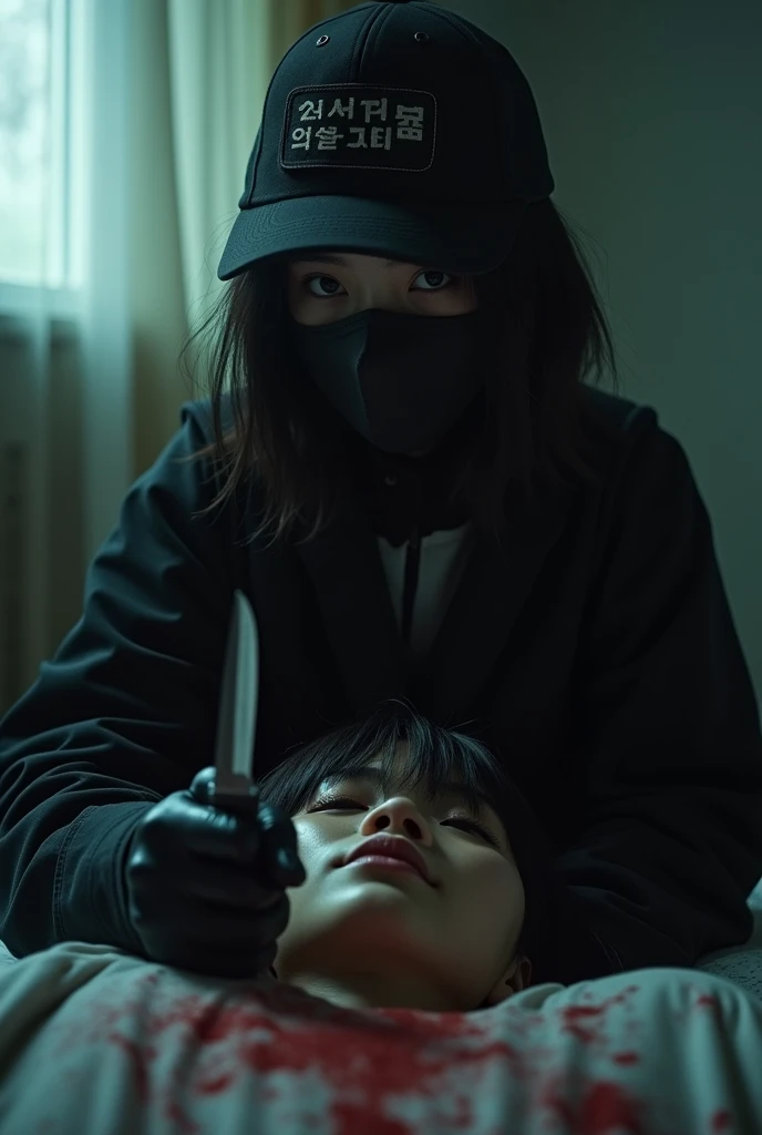 korean girl, (behind stiff, holding knife), stabbing, black balaclava mask, black gloves, girl only, black raincoat, trucker hat, bloody knife, big tits, black gloves, woman on top, behind cadaver, blood splatter, on the bed, looking at viewer, mass murderer, killer, blood splatter, dark atmosphere, cinematic lighting, atmospheric realistic, light from the window, close-up,