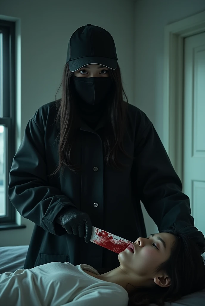 korean girl, (behind stiff, holding knife), stabbing, black balaclava mask, black gloves, girl only, black raincoat, trucker hat, bloody knife, big tits, black gloves, woman on top, behind cadaver, blood splatter, on the bed, looking at viewer, mass murderer, killer, blood splatter, dark atmosphere, cinematic lighting, atmospheric realistic, light from the window, close-up,
