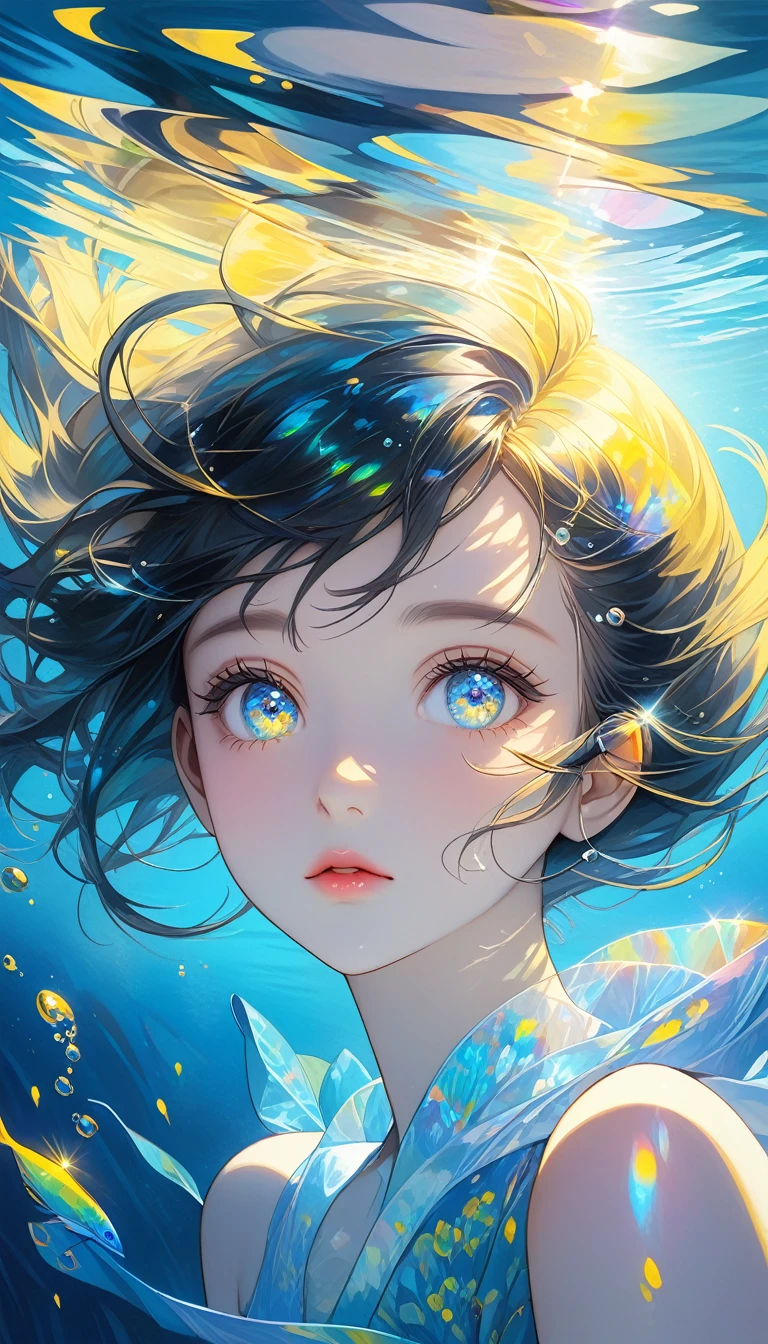 girl swims underwater,hyper detailed render style,glow,yellow,blue,brush,surreal oil painting,shiny eyes,head closeup,exaggerated perspective,tyndall of holographic,water iridescence,background black,