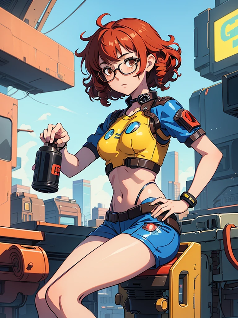 (masterpiece), (best quality), (1 girl),adult,red copper hair,((brown eyes)),curly hair, (short curly hair), anime style, freckles, (small breasts),(petite figure), (blue outfit),(cyberpunk clothes)),legs, desert background, (yellow glasses)