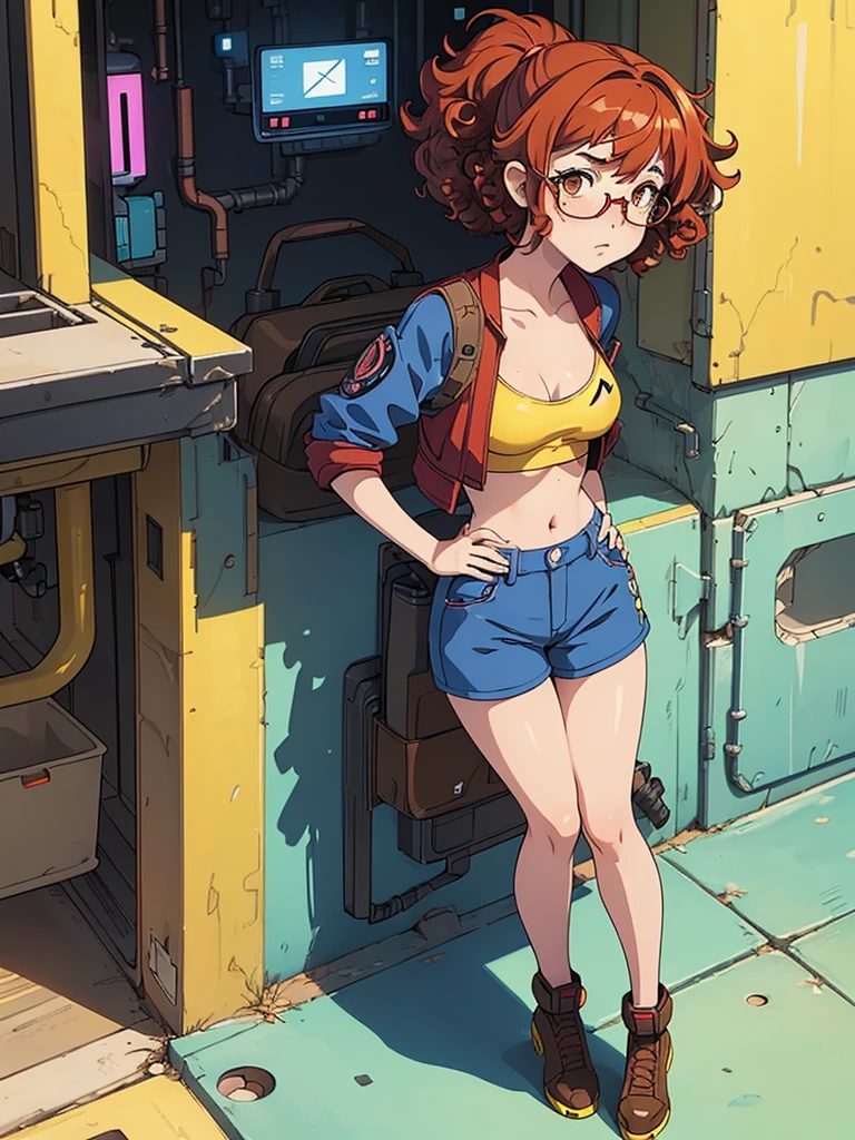 Masterpiece , best quality , Masterpiece , best quality , 1 woman , red eyes , wavy brown hair , sly face , smile , black t-shirt , pink bikini , abdomen , Big breasts, long legs , Barefoot , hands on hips , Stand perfectly straight. , abandoned factory